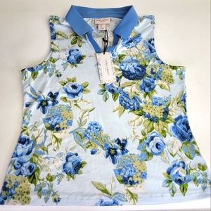 Laura Ashley Womens Large Top Sleeveless Blue Floral Golf & Tennis Cutoff Active
